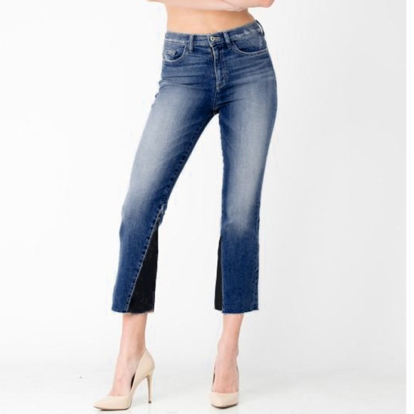 NEW HIGH RISE Flare Two Tone Raw Hem Jean - Picture 2 of 8